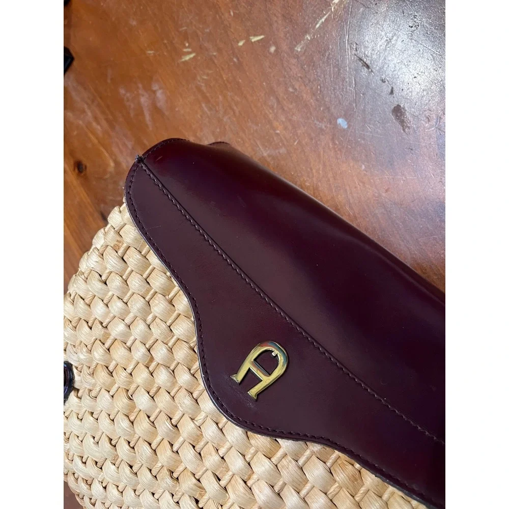 Etienne Aigner Vintage Woven Straw Leather Crossbody Bag Oxblood Burgundy Basket - Picture 2 of 12